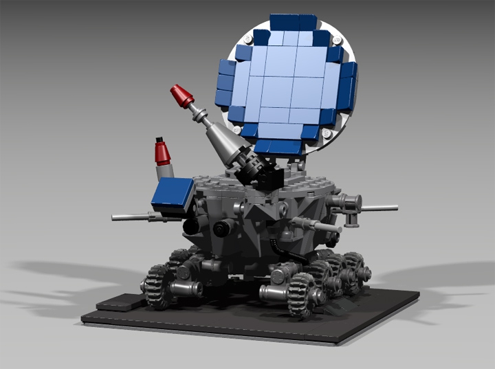 LEGO MOC - 16x16: Technics - Луноход-1 (Аппарат 8ЕЛ № 203): Аппарат предназначался для изучения особенностей лунной поверхности, радиоактивного и рентгеновскогокосмического излучения на Луне, химического состава и свойств грунта.<br />
Масса планетохода составила 756 кг, длина с открытой солнечной батареей — 4,42 м, ширина — 2,15 м, высота — 1,92 м. Диаметр колёс — 510 мм, ширина — 200 мм, колёсная база — 1700 мм, ширина колеи — 1600 мм.<br />
Доставлен на поверхность Луны 17 ноября 1970 года советской межпланетной станцией «Луна-17» и проработал на её поверхности до 14 сентября 1971 года (в этот день был проведён последний успешный сеанс связи с аппаратом).
