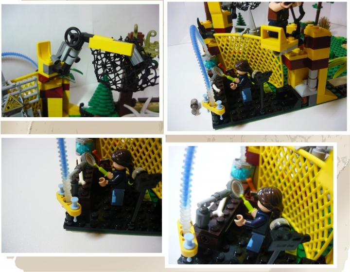 LEGO MOC - Jurassic World - Атака разъяренного динозавра на лагерь охотников.: Теперь предлагаю рассмотреть базу изнутри. Там находится лаборатория по изучению останков динозавров и для разработки сывороток. Пол в этой лаборатории черный, есть стол с лупой и изучаемая кость, есть фотоаппарат для отслеживания экспериментов. Ближе к нам стоит держатель для шприцов и шланг к нему, прямо из бочки с сывороткой.