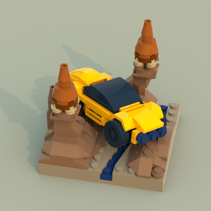LEGO MOC - Battle of the Masters 'In cube' - Пересечение ручья в каньоне: Как видите, упор на дизайн внедорожника и его пропорциональность - посему не заморачивался с подвеской. Скачав файл с моделью, вы увидите, что дорожный просвет и так немаленький. Автомобиль можно сделать из реальных деталей, но только с кузовом в чёрном или зелёном цвете, которые в работе не показаны.