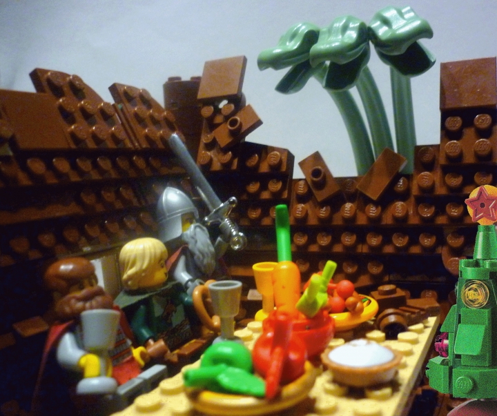 LEGO MOC - New Year's Brick 2017 - Нежданчик: Когда Илья Муромец<br />
поднял бокал и все были готовы слушать Новогоднее обращение президента (зачеркнуто)Царя батю-<br />
шки снесло крышу.Это прилетел старый друг Добрыни Горын.Богатыри сначала испугались и схвати-<br />
ли оружие(А кто то и крендель) но оказалось что Горын принес Магарыч за 10 лет.И теперь их ожи-<br />
дал счастливый, сытый и очень веселый Новый год. (Правда без крыши)<br />
И я там был, мед пиво пил , и соленым огурчиком закусывал!
